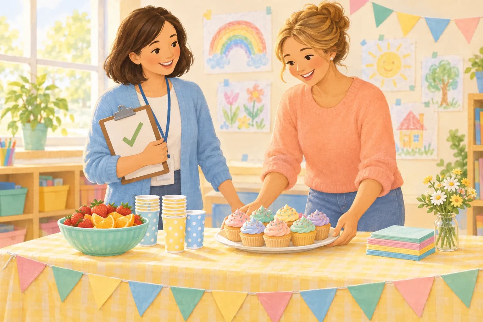 A teacher with an approved checklist and a room parent setting out cupcakes and fruit for a class party