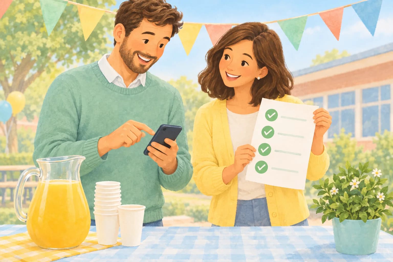 Two parents at a school event table, one claiming a volunteer slot on his phone, the other holding a filled sign-up sheet